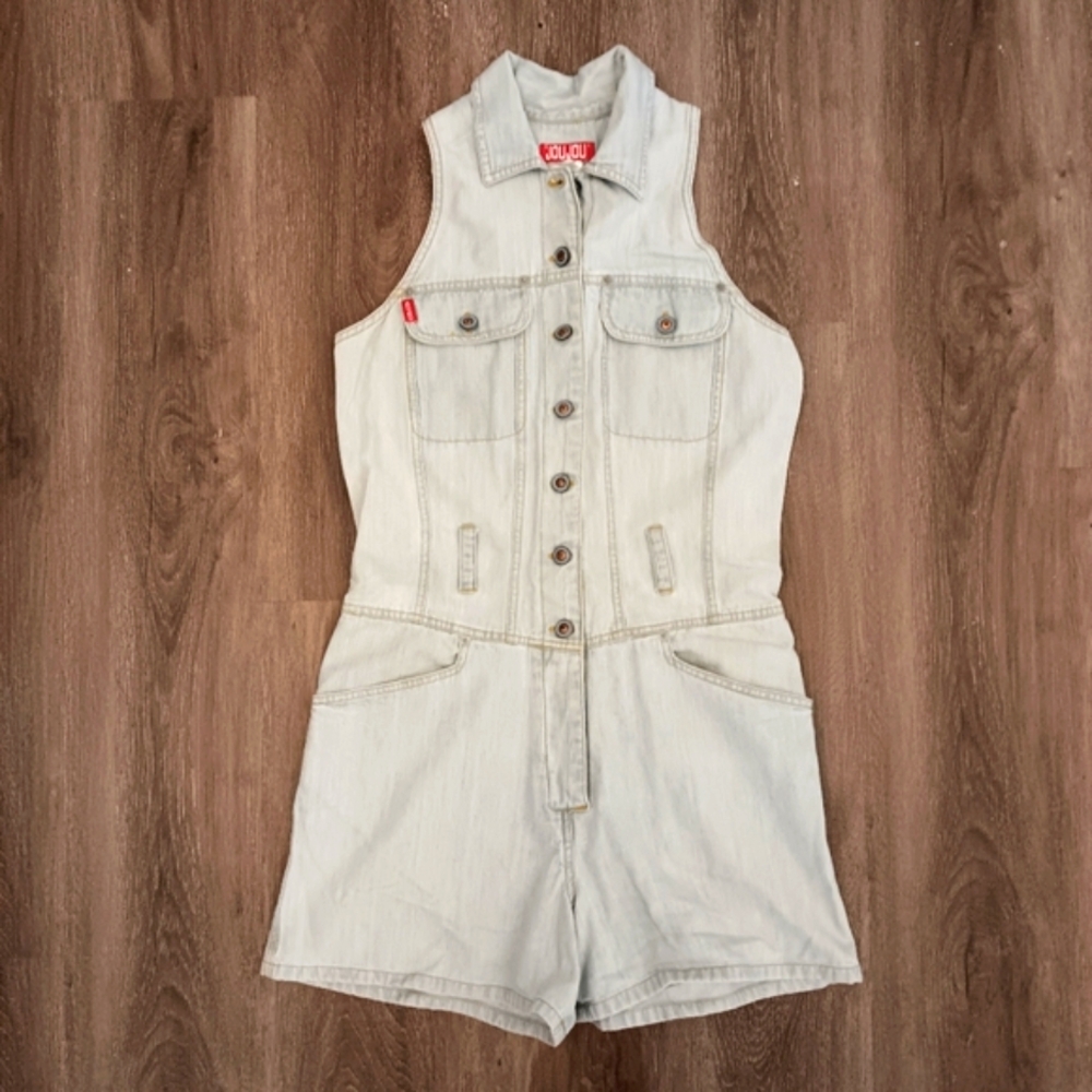 Vintage Y2K Jou Jou cotton denim, drop waist, light romper shortalls. Medium.
